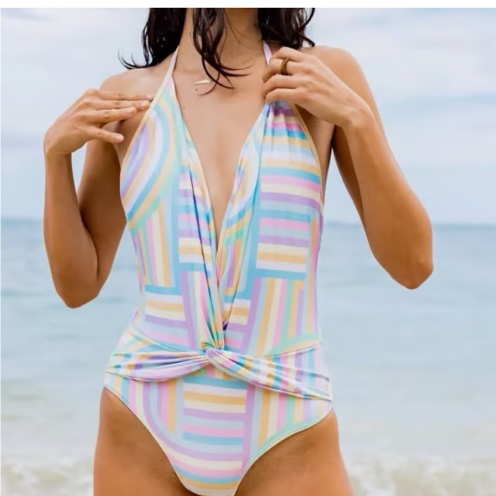 NWOT Kenny Flowers watercolors the North Shore Deep V halter one piece swim